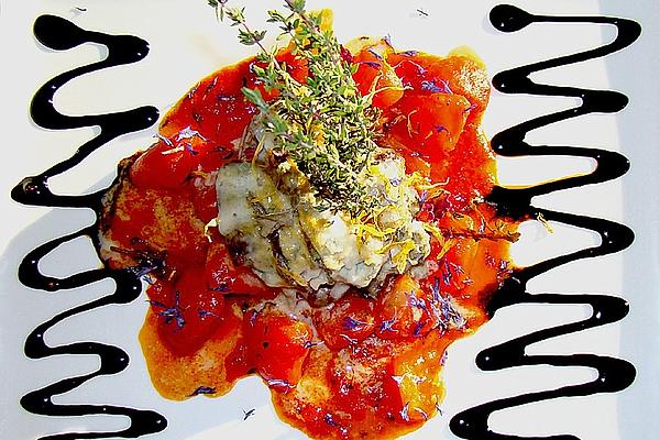 Veal Fillet on Tomato Confit with Lime and Basil Noodles