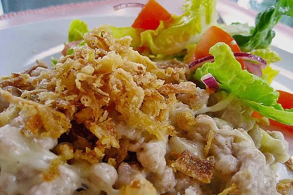 Wholemeal Cheese Spaetzle with Fried Onion Rings