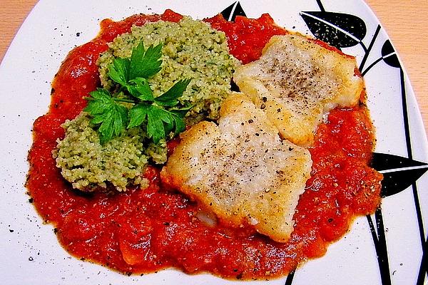Wolffish on Melted Tomatoes with Lovage Barley