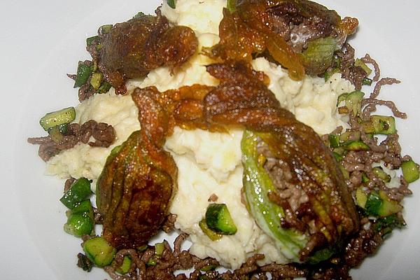 Zucchini Flowers Filled with Mince and Skordalia