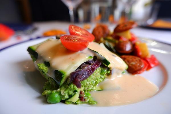 Zucchini Lasagna with Pea Basil Pesto and Caramelized Onions