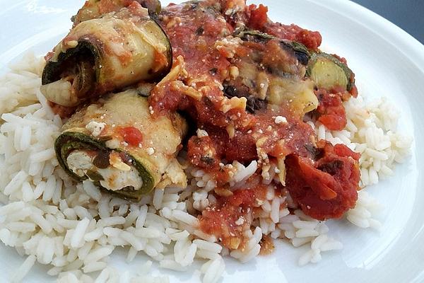 Zucchini Rolls with Cream Cheese and Herb Filling with Tomato Sauce