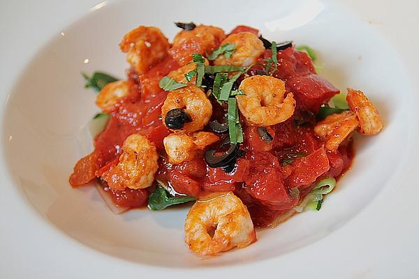 Zucchini Tagliatelle with Tomato Sauce and Prawns