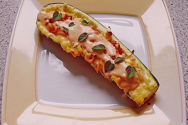Zucchini with Cheese, Tomato and Onion Filling and Tomato Sauce