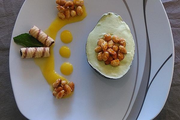 Avocado Ice Cream with Mango Sauce and Roasted Almonds
