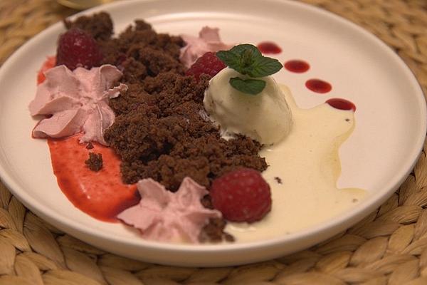 Brownie Crumble with Tonka Bean Ice Cream and Raspberry Espuma
