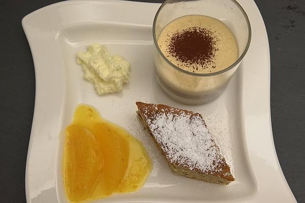 Cappuccino Mousse, Ricotta Pistachio Cake, Orange Ragout