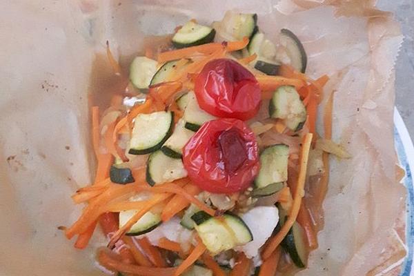 Cod Fillets with Vegetables Cooked in Parchment Paper