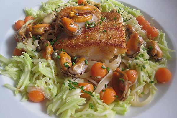 Cod with Mussel – Caper Sauce in Pasta Wreath