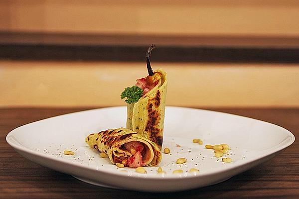 Crêpes with Camembert and Pears, Pine Nuts and Lingonberries