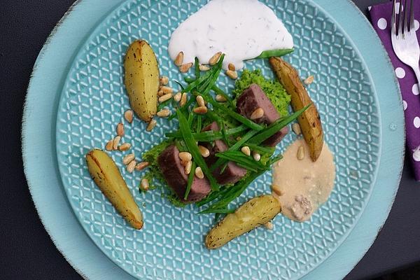 Lamb Salmon with Pea and Mint Puree and Sugar Snap Peas Strips