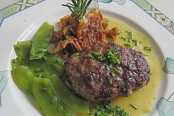 Meatballs in Onion and Rosemary Sauce with Sugar Snap Peas and Potato Straw