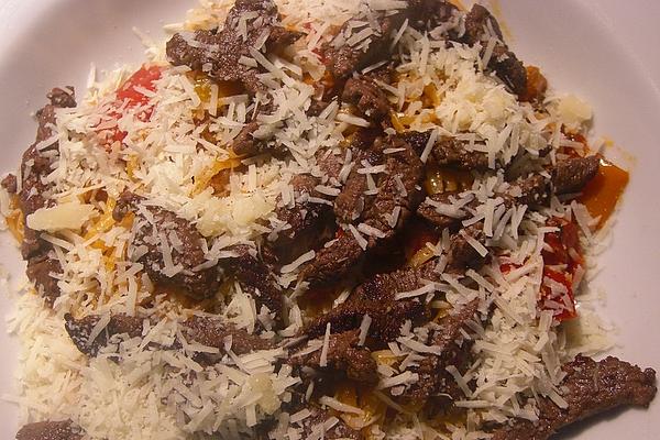 Pasta with Wine Sauce and `Dry Fried` Fillet Strips