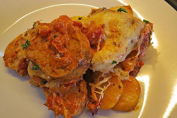 Potato and Pork Loin Gratin in Bacon and Tomato Cream