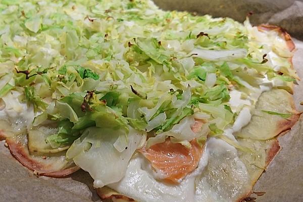 Potato Tarte Flambée with Savoy Cabbage and Salmon