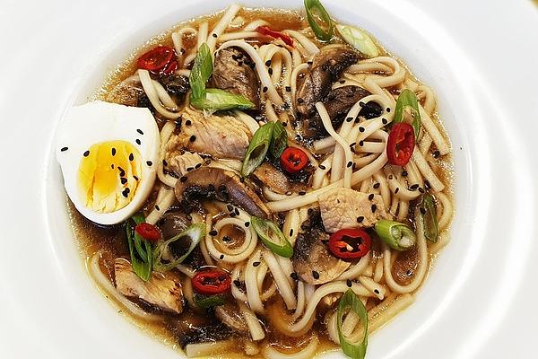 Ramen with Miso Turkey, Udon Noodles, Mushrooms and Boiled Egg