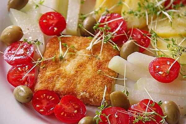 Tofu Schnitzel with Potatoes, Kohlrabi, Olives and Tomatoes