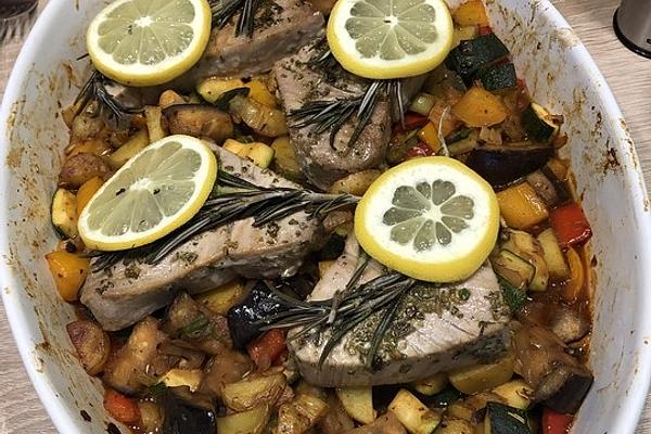 Tuna Steaks in Oven Bed Of Vegetables