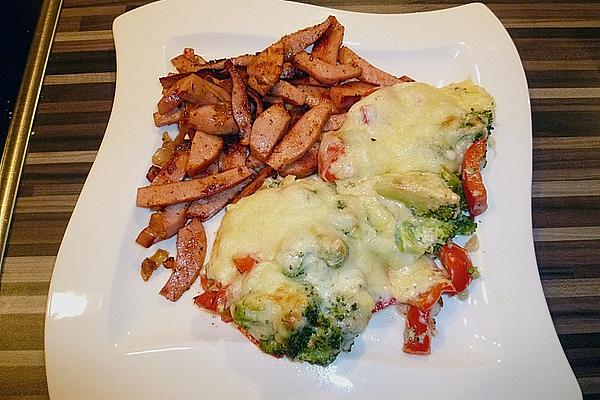 Vegetables Au Gratin with Meat Sausage Sticks